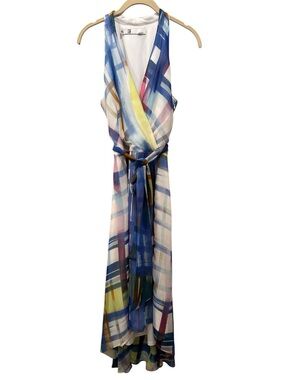 Sleeveless Multi-Color V Neck  Hi-Low Belted Dress Rainbow Colors Summer Sz 8
